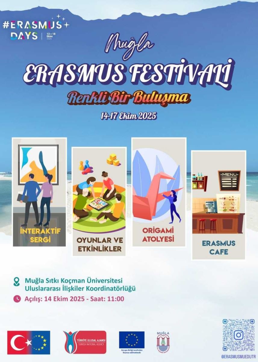 Görsel, yaz tatili ve eğitim odaklı bir Erasmus festivali afişinin görsel tasarımını içerir. Arka plan açık mavi-tonlarda bir deniz ve gökyüzü ile kayalıklar veya dağ silueti gibi küçük arka plan unsurlarıyla bir plaj atmosferi yaratır. Üst kısımda "#ERASMUS DAYS" gibi Erasmus ile ilgili bir tema logosu bulunur. Hemen altında, büyük ve stilize bir yazı tipiyle Türkçe “Muğla” ifadesi yer alır. Afişin merkezinde, büyükçe yazılarla “ERASMUS FESTİVALİ” yazısı dikkat çeker. Altında ise daha renkli ve kalın bir yazı ile “Renkli Bir Buluşma” ifadesi bulunur. Tarih olarak “14-17 Ekim 2025” yazısı bulunur. Afiş, festivalde sunulan dört ana etkinliği temsil eden dört kare görsel blok içerir: İlk kare: İçerik metni “İNTERAKTİF SERGİ” ile, bir sanat galerisinde insanlar resimlere bakıyor veya bir sergiyi inceliyor gibi betimlenen sahne. İkinci kare: İçerik metni “OYUNLAR VE ETKİNLİKLER” ile, insanlar masa oyunları oynarken gruplar halinde etkileşim halinde olduğunun tasviri. Üçüncü kare: İçerik metni “ORİGAMİ ATÖLYESİ” ile, bir kişi kağıttan origami katlayıp büyük bir origami yaramaz gibi kıvrımlı bir yapıyı gösteriyor; arka planda origami formu belirgin. Dördüncü kare: İçerik metni “ERASMUS CAFE” ile, iç mekanda kahve, yiyecek ve menü gibi kafe unsurlarını gösteren bir ada veya tezgah görseli. Afişin alt kısmında, konum bilgisi ve açılış saati bilgisi bulunur: Konum olarak “Muğla Sıtkı Koçman Üniversitesi Uluslararası İlişkiler Koordinatörlüğü” yazılıdır. Açılış bilgisi olarak “Açılış: 14 Ekim 2025 - Saat: 11:00” ifadesi vardır. Alt kısımda bazı logolar ve sponsor görselleri bulunur: Türkiye Cumhuriyeti ve Avrupa Birliği bayrakları, ilgili kurum logoları ve sağ alt köşede bir QR kod ve “@ERASMUSMUYDUHT” gibi sosyal medya adıyla etiketler yer alır.