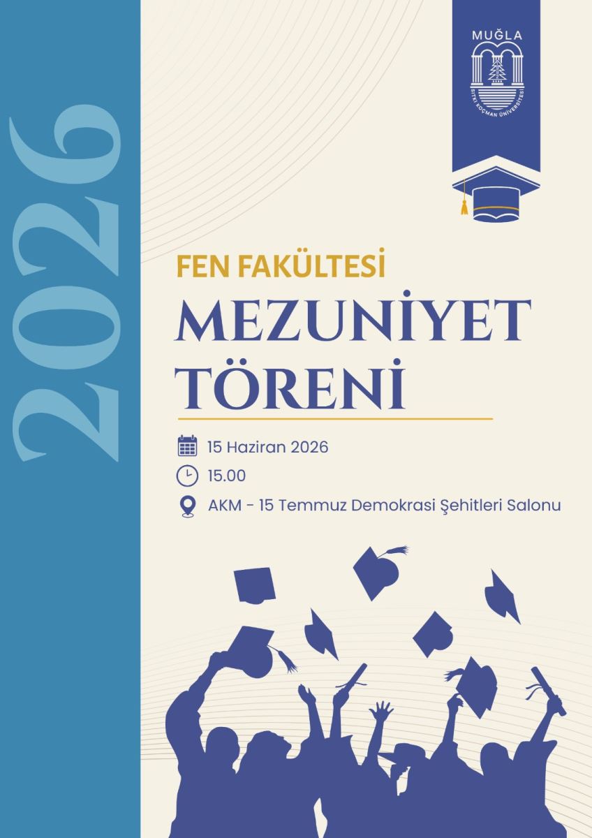 Genel düzen: Dikey formatta bir poster. Arka plan açık kum rengi bir zeminden oluşuyor ve üzerinde hafif kavisli çizgiler var.  Sol üst bölüm: Büyük, mavi renkli "2026" rakamları yer alıyor.  Sağ üst köşe: Muğla Sıtkı Koçman Üniversitesi'nin logosu bulunuyor. Logonun hemen altında bir mezuniyet kepi illüstrasyonu var.  Orta bölüm: Törenin ana başlığı olan "Fen Fakültesi Mezuniyet Töreni" yazısı yer alıyor. Altında törenin tarihi (15 Haziran 2026), saati (15.00) ve yeri (AKM - 15 Temmuz Demokrasi Şehitleri Salonu) bilgileri sıralanmış.  Alt bölüm: Lacivert renkte, kep atan mezun silüetleri görülüyor. Birden fazla mezun silüeti, mezuniyet sevincini simgeleyen şekilde keplerini havaya fırlatmış olarak betimlenmiş. Bu silüetler posteri tamamlayan görsel bir öge olarak yer alıyor.