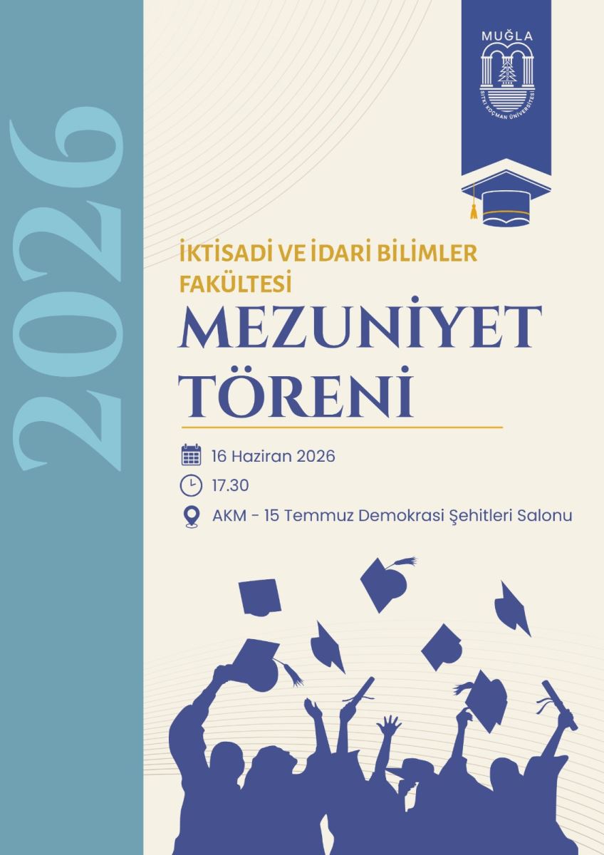 Bu, Muğla Sıtkı Koçman Üniversitesi İktisadi ve İdari Bilimler Fakültesi'nin (İİBF) 2026 yılı mezuniyet törenini duyuran bir poster. Renk ve Kompozisyon: Poster, üniversitenin diğer fakülte posterleriyle aynı kurumsal tasarım şablonunu kullanıyor. Sol tarafta koyu kahverengi veya toprak tonlarında dikey bir şerit bulunuyor. Bu şerit üzerinde büyük punto ile "2026" yazısı dikey olarak konumlandırılmış. Sağ taraftaki ana alan ise krem veya açık bej renginde olup tüm etkinlik bilgilerini içeriyor. Üst Kısım: Sağ üst köşede Muğla Sıtkı Koçman Üniversitesi'nin resmî logosu yer alıyor. Logonun hemen altında, büyük ve kalın harflerle "İKTİSADİ VE İDARİ BİLİMLER FAKÜLTESİ MEZUNİYET TÖRENİ" başlığı bulunuyor. Orta Kısım: Etkinlik bilgileri düzenli bir şekilde sıralanmış: •	Tarih: 16 Haziran 2026 •	Saat: 17.30 •	Yer: AKM - 15 Temmuz Demokrasi Şehitleri Salonu Bu etkinlik Atatürk Kültür Merkezi'nin 15 Temmuz Demokrasi Şehitleri Salonu'nda gerçekleşecek. Alt Kısım: Posterin en altında, üniversitenin diğer mezuniyet posterlerinde olduğu gibi, mezuniyet coşkusunu simgeleyen öğrenci silüetleri bulunuyor. Bir grup mezun öğrenci silüeti, keplerini havaya fırlattıkları bir anda tasvir edilmiş. Koyu renkli figürler, kutlama ve başarı atmosferini yansıtıyor. Genel İzlenim: Poster, üniversitenin diğer fakülte mezuniyet posterleriyle aynı kurumsal tasarım dilini paylaşıyor. Koyu kahverengi/toprak tonundaki şerit ile krem zemin arasındaki kontrast, yazıların okunabilirliğini artırıyor. Her fakültenin kendi rengiyle özdeşleştiği bu poster serisinde İİBF için koyu kahverengi tercih edilmiş. Sade, şık ve akademik bir tasarıma sahip.
