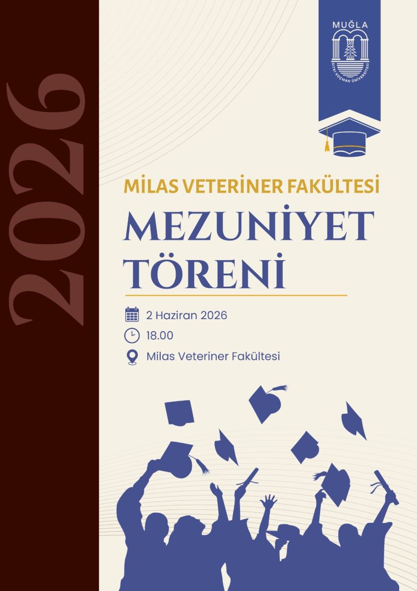 Bu, Muğla Sıtkı Koçman Üniversitesi Milas Veteriner Fakültesi'nin 2026 yılı mezuniyet törenini duyuran bir poster.  Renk ve Kompozisyon: Poster genel olarak iki ana renk bölgesine ayrılmış durumda. Sol tarafta koyu yeşil veya petrol yeşili tonunda dikey bir şerit bulunuyor. Bu şeridin üzerinde büyük ve dikey olarak konumlandırılmış "2026" yazısı yer alıyor. Sağ taraftaki geniş alan ise krem ya da açık bej renginde olup etkinlik bilgileri bu bölümde toplanmış.  Üst Kısım: Sağ üst köşede Muğla Sıtkı Koçman Üniversitesi'nin resmî logosu bulunuyor. Logo, üniversitenin tanınan amblemini ve ismini içeriyor. Logonun hemen altında, büyük ve kalın harflerle "MİLAS VETERİNER FAKÜLTESİ MEZUNİYET TÖRENİ" başlığı yer alıyor.  Orta Kısım: Etkinlik bilgileri net ve sade bir düzenle sıralanmış:  Tarih: 2 Haziran 2026 Saat: 18.00 Not: Posterde etkinliğin yapılacağı mekân bilgisi bu görselde yer almıyor.  Alt Kısım: Posterin en alt bölümünde, mezuniyet sevincini simgeleyen öğrenci silüetleri bulunuyor. Birden fazla kişinin silüeti, keplerini havaya fırlattıkları bir anda betimlenmiş. Figürler koyu renkli olup neşeli ve coşkulu bir atmosfer yansıtıyor.  Genel İzlenim: Poster, üniversitenin diğer fakülte mezuniyet posterleriyle benzer bir tasarım diline sahip; kurumsal kimlikle uyumlu, sade ve şık bir görünüm sunuyor. Koyu yeşil şerit ile krem zemin arasındaki kontrast, yazıların rahat okunmasını sağlıyor. Tasarım, akademik ciddiyet ile mezuniyet coşkusunu dengeleyen bir karaktere sahip.