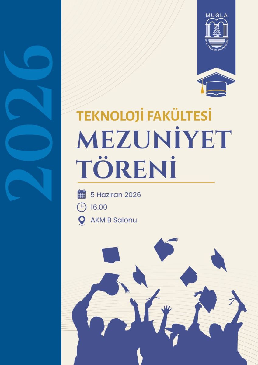 Bu, Muğla Sıtkı Koçman Üniversitesi Teknoloji Fakültesi'nin 2026 yılı mezuniyet törenini duyuran bir poster. Renk ve Kompozisyon: Poster, üniversitenin diğer fakülte posterleriyle aynı kurumsal tasarım şablonunu kullanıyor. Sol tarafta koyu gri veya antrasit renginde dikey bir şerit bulunuyor. Bu şerit üzerinde büyük punto ile "2026" yazısı dikey olarak konumlandırılmış. Sağ taraftaki ana alan ise krem veya açık bej renginde olup tüm etkinlik bilgilerini içeriyor. Üst Kısım: Sağ üst köşede Muğla Sıtkı Koçman Üniversitesi'nin resmî logosu yer alıyor. Logonun hemen altında, büyük ve kalın harflerle "TEKNOLOJİ FAKÜLTESİ MEZUNİYET TÖRENİ" başlığı bulunuyor. Orta Kısım: Etkinlik bilgileri düzenli bir şekilde sıralanmış: •	Tarih: 5 Haziran 2026 •	Saat: 16.00 •	Yer: AKM - B Salonu (Atatürk Kültür Merkezi B Salonu) Alt Kısım: Posterin en altında, üniversitenin diğer mezuniyet posterlerinde olduğu gibi, mezuniyet coşkusunu simgeleyen öğrenci silüetleri yer alıyor. Bir grup mezun öğrenci silüeti, keplerini havaya fırlattıkları anı betimleyecek şekilde tasarlanmış. Koyu renkli figürler, kutlama ve başarı atmosferini yansıtıyor. Genel İzlenim: Poster, üniversitenin diğer fakülte mezuniyet posterleriyle aynı kurumsal tasarım dilini paylaşıyor. Bu poster serisinde Teknoloji Fakültesi için koyu gri/antrasit rengi tercih edilmiş. Şerit rengi ve krem zemin arasındaki kontrast, yazıların rahat okunmasını sağlıyor. Sade, şık ve akademik bir tasarıma sahip.